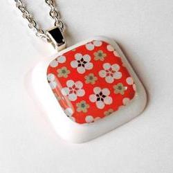White and Green Flowers on Red Chiyogami Resin Pendant