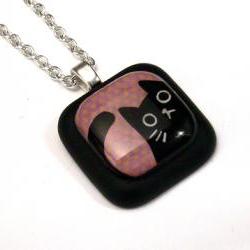 Peeping Black Cat on Purple Polka Dot Resin Pendant